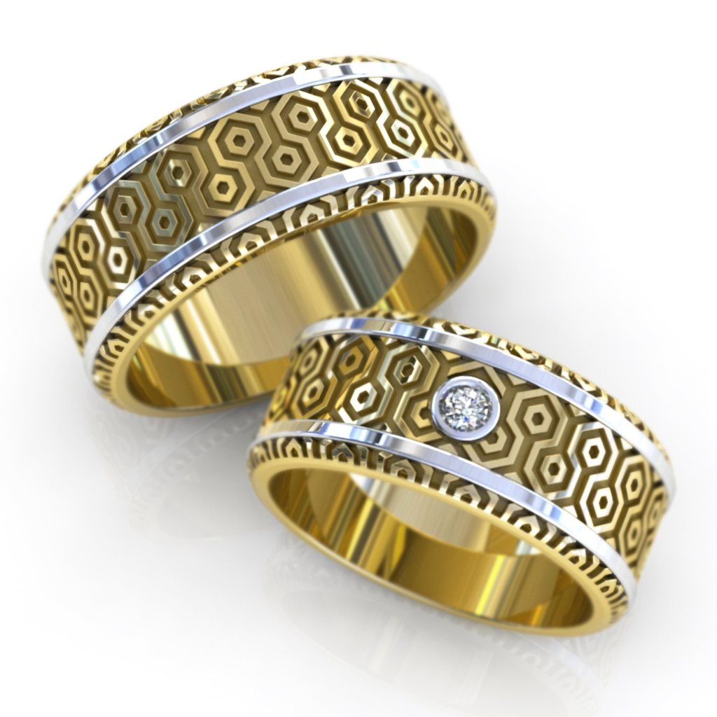 Обручальные кольца Генератор в жёлто-белом золоте с бриллиантом (Вес пары 16,3 гр.)