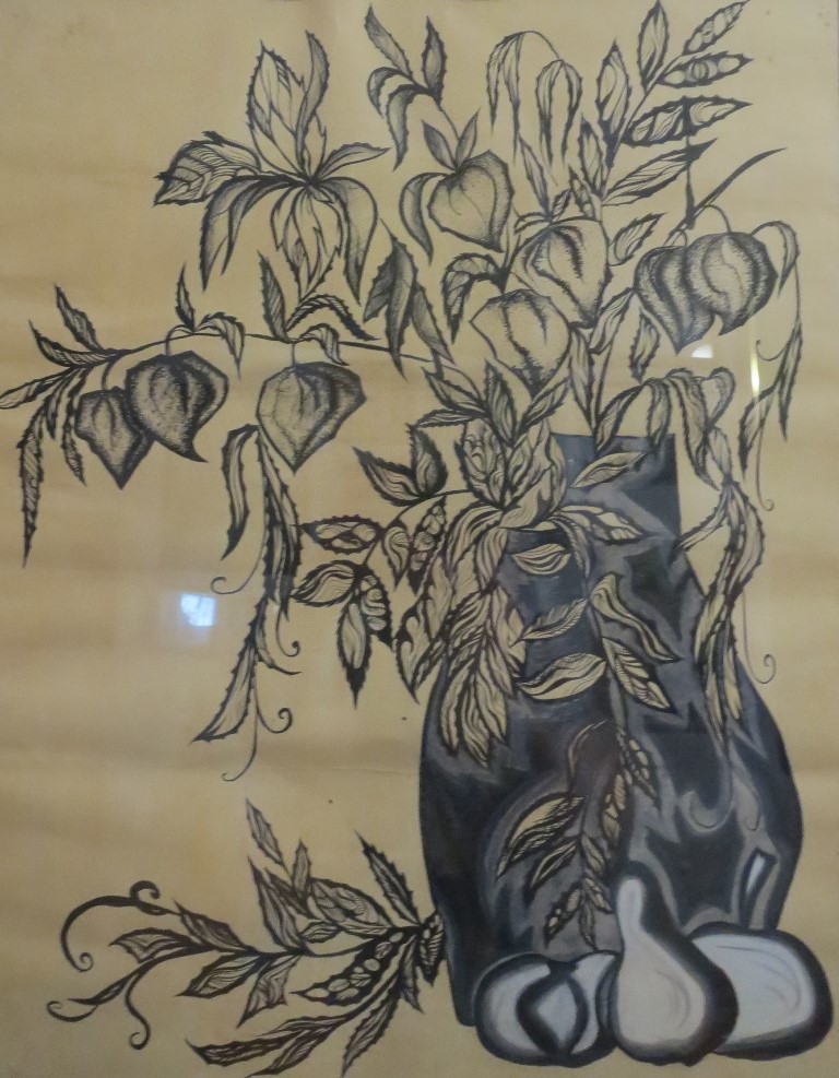 Картина тушью на бумаге - Цветы, ваза, фрукты 41x53 см