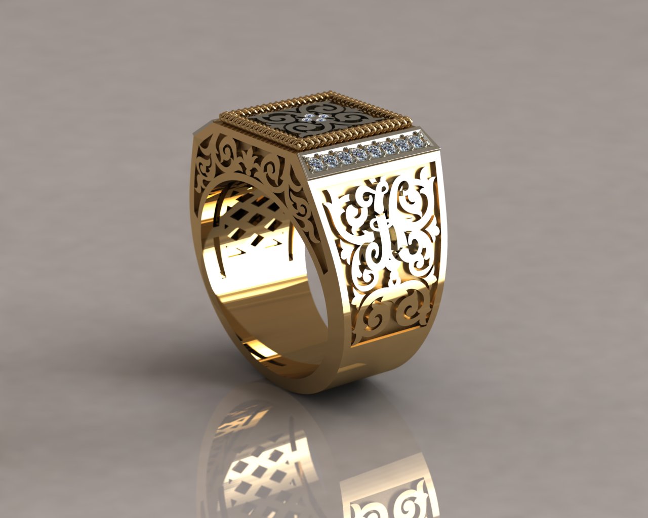 Мужское кольцо-печатка с инициалами и бриллиантами на заказ (Вес: 25 гр.)