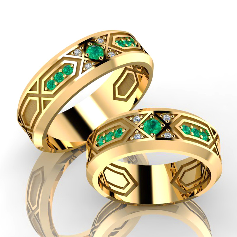 Обручальные кольца Палас с изумрудами и бриллиантами (Вес пары:16 гр.)