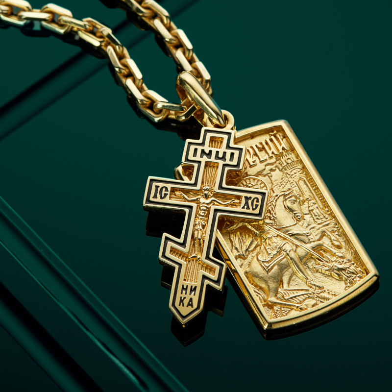Золотые православный нательный крест и жетон иконка Георгий Победоносец на цепочке плетения Якорь