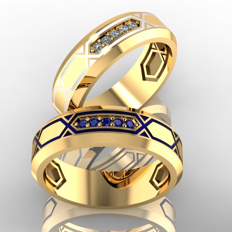 Обручальные кольца Шарм с эмалью, с дорожкой  бриллиантов и сапфиров (Вес пары:12 гр.)