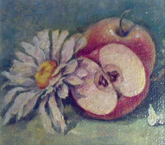 Картина натюрморт маслом на холсте - яблоки с ромашкой 25x30 см