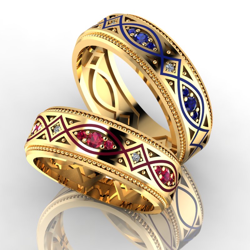 Обручальные кольца Шик с сапфирами, рубинами и эмалью (Вес пары: 12 гр.)
