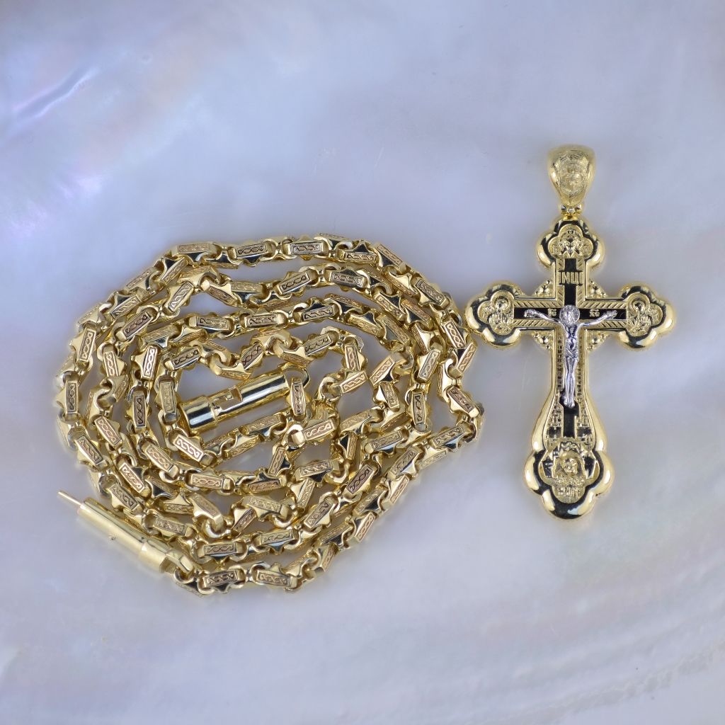 Православный крест из жёлтого золота с распятием и цепочкой плетения Краб Луксор (Вес: 48,5 гр.)