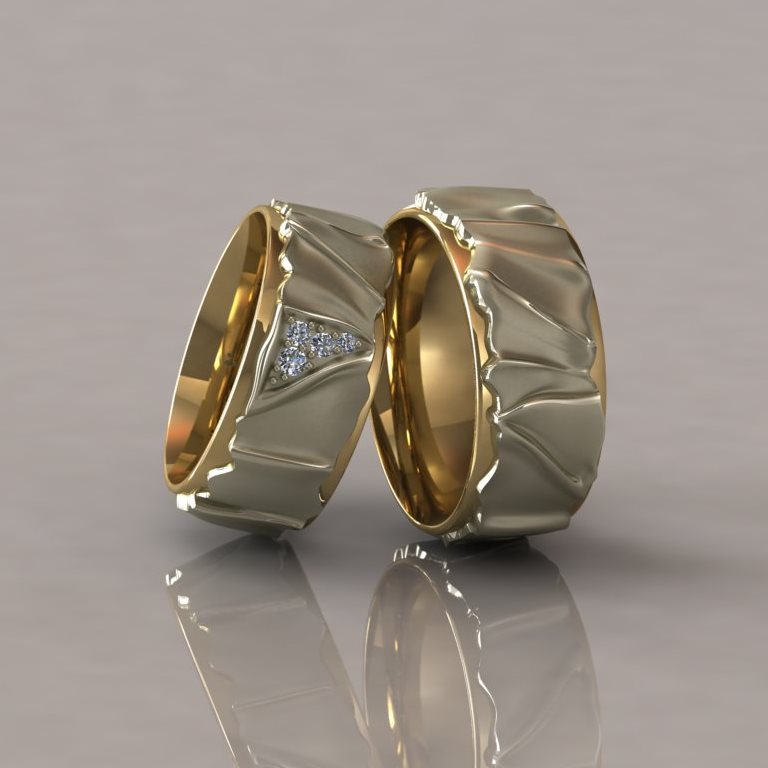 Фактурные двухцветные обручальные кольца с бриллиантами в необычном исполнении на заказ (Вес пары: 18гр.)