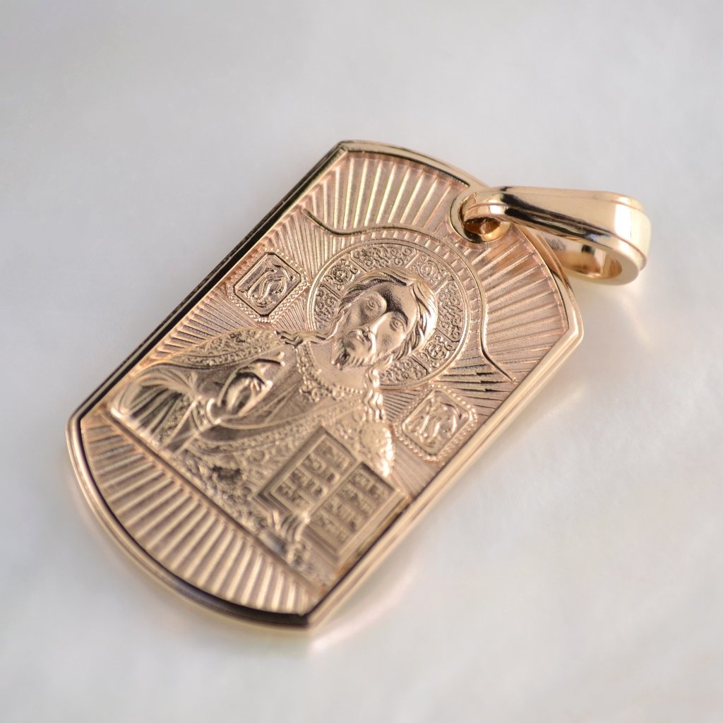 Нательная иконка-жетон из красного золота Спаситель Иисус Христос с гравировкой Спаси и сохрани (Вес: 6,5 гр.)