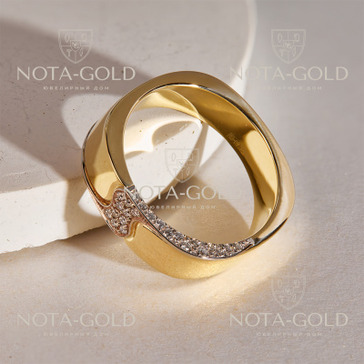 Широкое мужское кольцо из двухцветного золота с бриллиантами (Вес: 14 гр.)