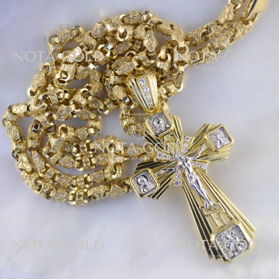 Золотой крест с ликами святых и бриллиантами на цепочке плетение Краб Малый (Вес: 60 гр.)