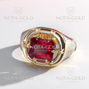 Перстень из желтого и белого золота с крупным рубином октагон (Вес 17,5 гр.)