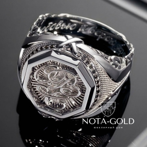 Мужское кольцо из платины с монограммой и черными бриллиантами (Вес 31,5 гр.)  