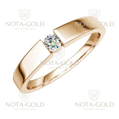 Помолвочное кольцо из красного золота с одним бриллиантом 0,08 карат на прямоугольной шинке (Вес: 4 гр.)