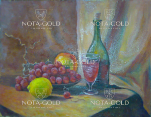 Картина натюрморт маслом на холсте - виноград, лимон, яблоко, фужер и бутылка вина 40x50 см