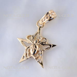 Золотая подвеска Паук-бабочка с крестом на звезде из красного золота (Вес: 4 гр.)