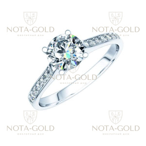 Женское кольцо из белого золота с одним крупным и четырнадцатью маленькими бриллиантами 1,1 карат (Вес: 3 гр.)