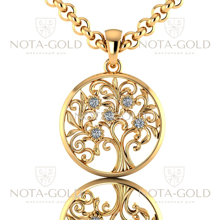Ажурный золотой кулон-подвеска Дерево жизни с бриллиантами (Вес: 3,5 гр.)