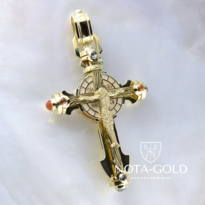Православный позолоченный крест из серебра с распятием, образом иконы Спас Нерукотворный и драгоценными камнями (Вес 30 гр.)