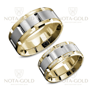 Широкие обручальные кольца в виде браслета из белого и желтого золота с бриллиантами (Вес пары: 23 гр.)