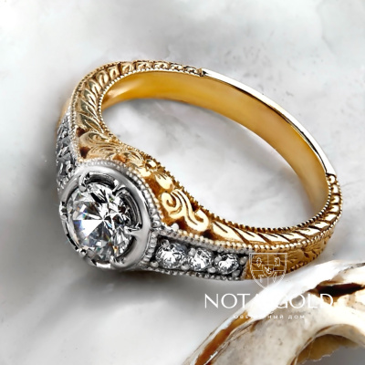 Винтажное кольцо из желтого золота с бриллиантами (Вес 4,7 гр.)