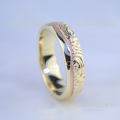 Двухцветное фактурное кольцо из жёлтого и красного золота с древесным узором (Вес: 6,5 гр.)