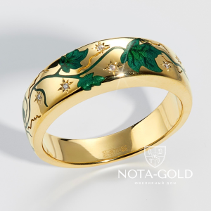 Женское кольцо Плющ из желтого золота с бриллиантами и эмалью (Вес 18,3 гр.)
