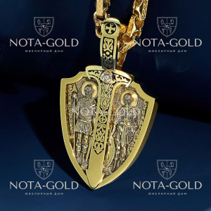 Нательная иконка Щит и Меч из желтого золота с бриллиантом (Вес 29,3 гр.)