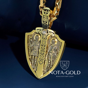 Нательная иконка Щит и Меч из желтого золота с бриллиантом (Вес 29,3 гр.)