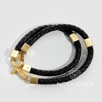 Кожаный плетёный двухоборотный браслет с крестом и вставками из желтого золота (Вес 39,5 гр.)