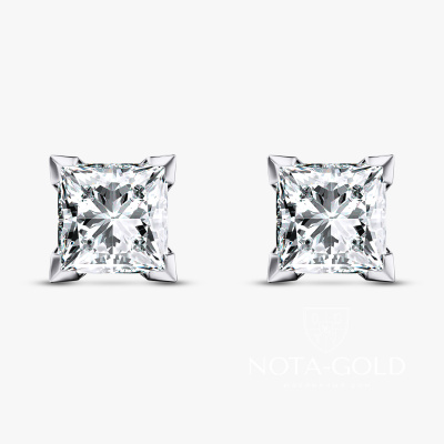 Серьги пусеты из белого золота с бриллиантами Принцесса (Вес 1,1 гр.)