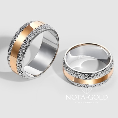 Обручальные кольца из двух видов золота с ажурным рисунком (Вес пары 11 гр.)