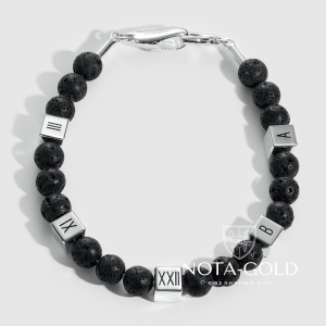 Браслет из вулканических шариков со вставками из белого золота с гравировкой (Вес 19 гр.)
