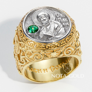 Мужское кольцо - печатка из золота с изображением ликов Св. Павла, Николая Чудотворца, Ангела Хранителя и молитвой Спаси и Сохрани (Вес: 31 гр.)