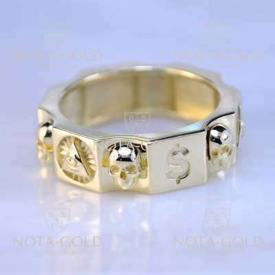 Мужское золотое кольцо с черепом, знаком доллара и масонским символом Всевидящее око (Вес: 14 гр.)
