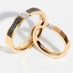 Узкие обручальные кольца из красного золота с бриллиантами и гравировкой (Вес пары 14 гр.)