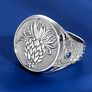 Мужское кольцо печатка Чертополох из белого золота с бриллиантом, сапфиром и рубином (Вес 26,5 гр.)