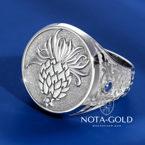 Мужское кольцо печатка Чертополох из белого золота с бриллиантом, сапфиром и рубином (Вес 26,5 гр.)