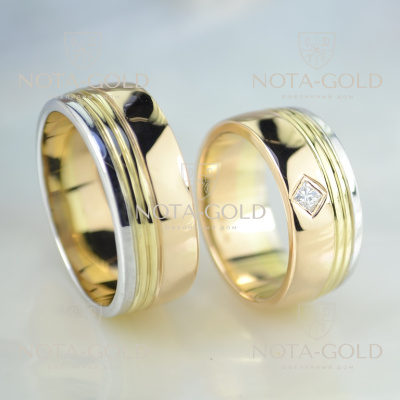 Широкие обручальные кольца из трёх оттенков золота с бриллиантом принцесса в женском кольце (Вес пары: 20 гр.)