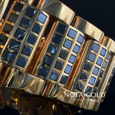 Браслет для часов из жёлтого золота 750 пробы с черными бриллиантами и гравировкой (Вес 156 гр.)