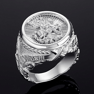 Серебряное мужское кольцо печатка Св. Георгий Победоносец с девизами (Вес 16 гр.)