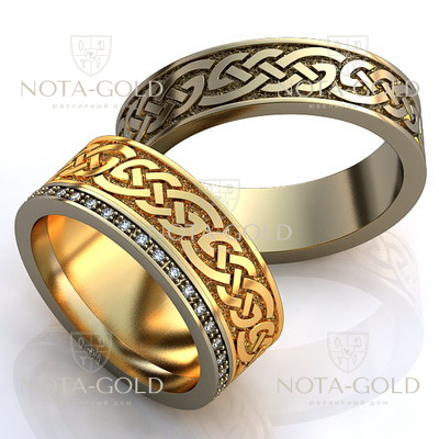 Обручальные кольца с орнаментом и бриллиантами на заказ (Вес пары: 10 гр.)