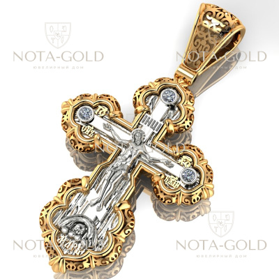 Православный большой золотой крестик с бриллиантами и узорами авторского дизайна (Вес: 25 гр.)