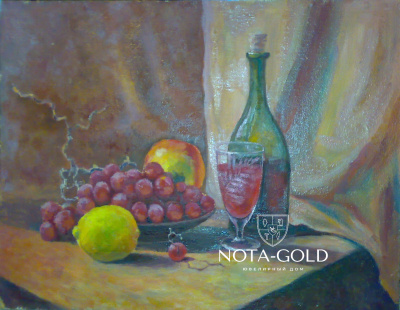 Картина натюрморт маслом на холсте - виноград, лимон, яблоко, фужер и бутылка вина 40x50 см