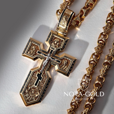 Большой клиновидный православный крест из золота с чёрными бриллиантами и эмалью (Вес: 23 гр.)