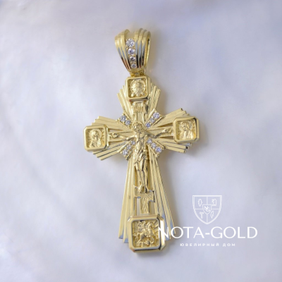 Нательный крест из позолоченного серебра с ликами святых, бриллиантами и образом иконы Покрова Божьей Матери (Вес 6 гр.)