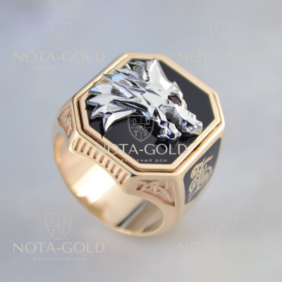 Именное мужское кольцо-печатка Волк из красно-белого золота с инициалами, эмалью и рубином (Вес: 23 гр.)