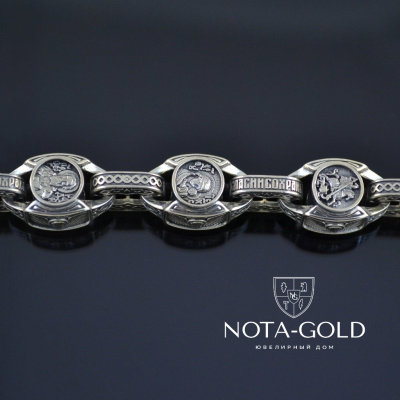 Серебряная цепочка с ликами святых и гравировкой Спаси и сохрани на замке и звеньях (Вес 111 гр.)