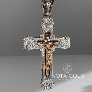 Эксклюзивный большой мужской крест СИЯНИЕ ДУХА из двух оттенков золота с распятием и бриллиантами (Вес: 31 гр.)