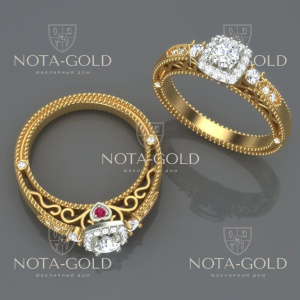 Помолвочное кольцо из желтого золота с бриллиантами 0,43 карат и рубином в сердечке на заказ  (Вес: 4 гр.)