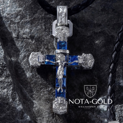 Православный нательный крест из белого золота с квадратными сапфирами (Вес 9,5 гр.)