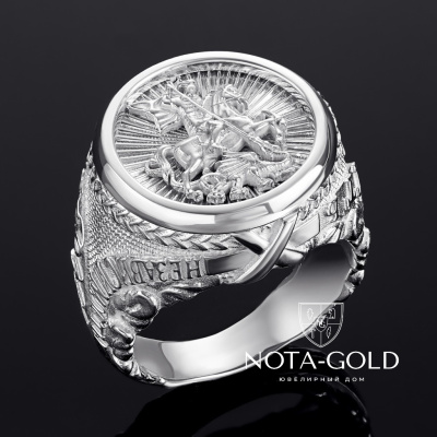 Серебряное мужское кольцо печатка Св. Георгий Победоносец с девизами (Вес 16 гр.)